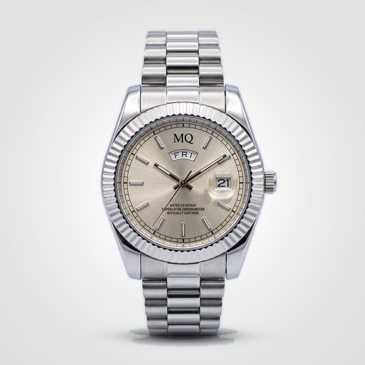 MQ Aurelian silver-dial quartz - studio front