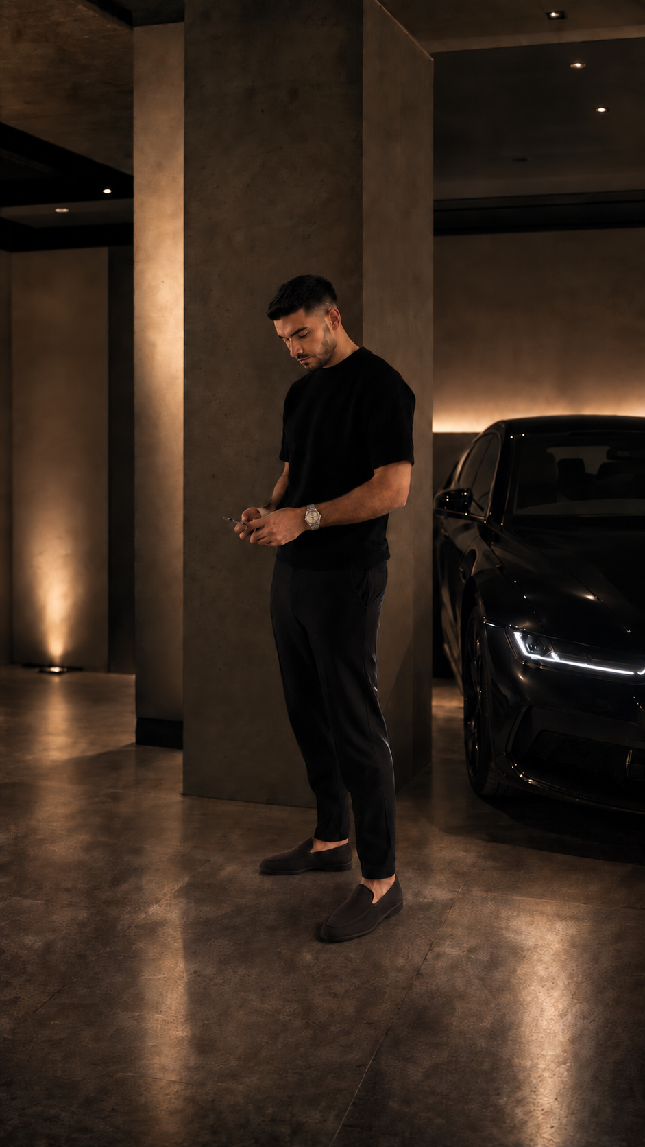 MQ Aurelian worn beside a black car
