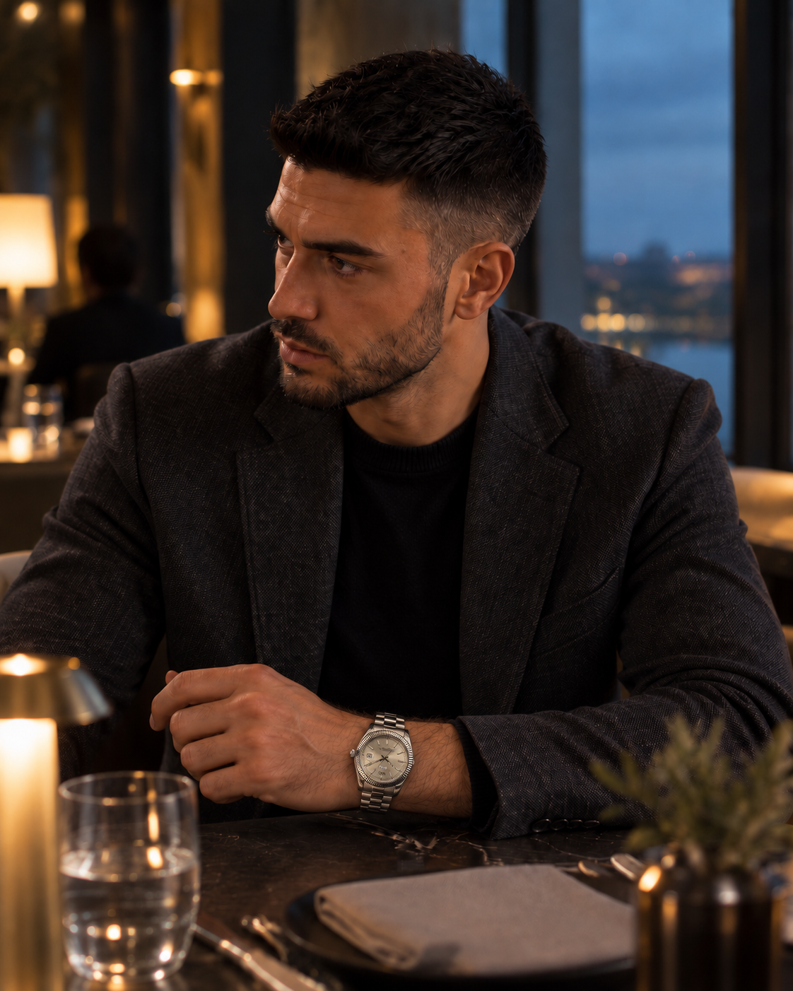 MQ Aurelian worn at a restaurant table