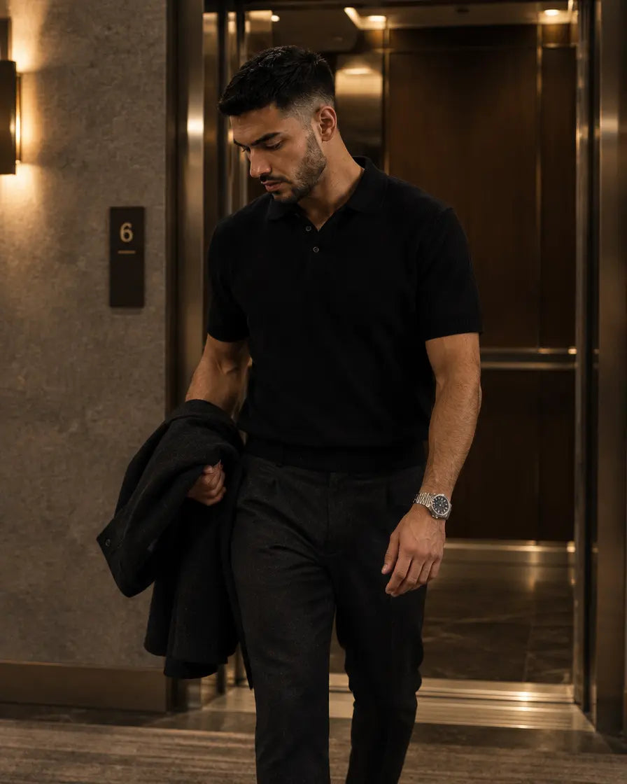 MQ watch worn with a black polo and jacket