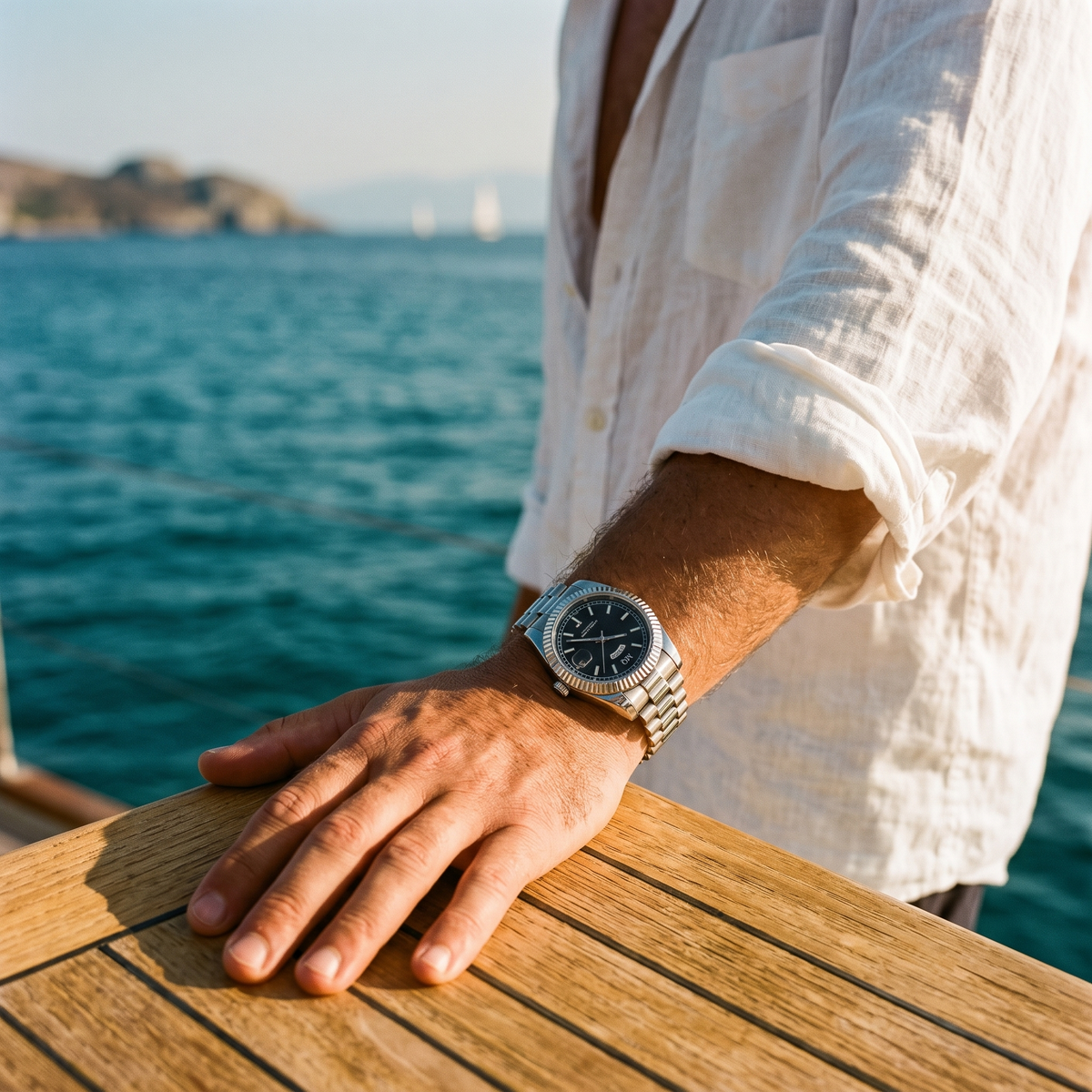 MQ Nocturne worn on the wrist aboard a yacht